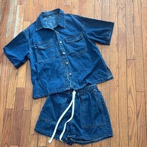 Denim Button-Up Shirt and Shorts Set